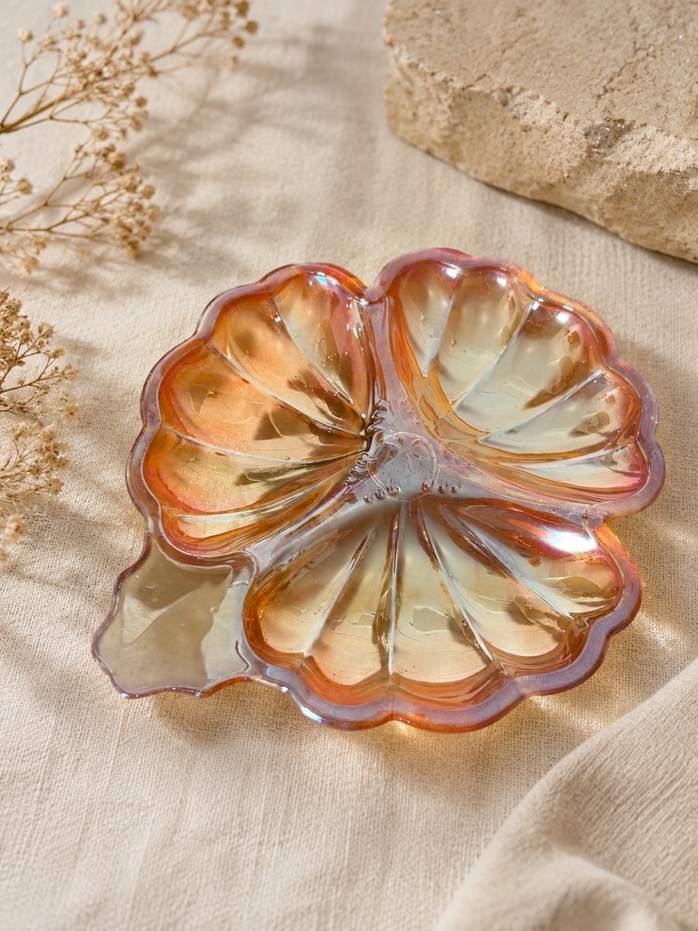 Marigold carnival glass three-leaf clover candy dish